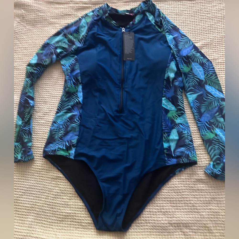 Navy Long-Sleeve One-Piece Swimsuit with Tropical Sleeves